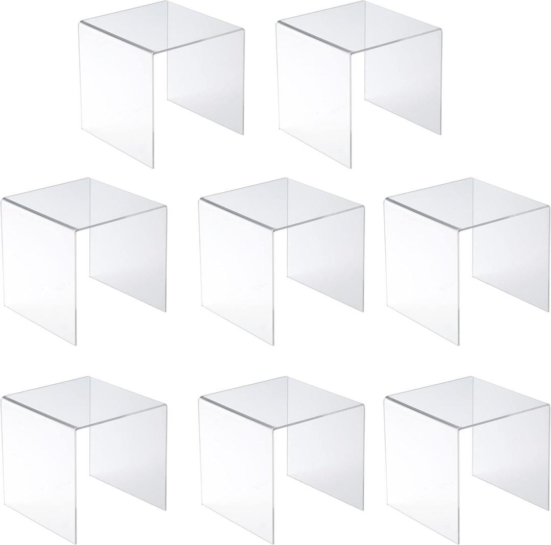 Jusalpha 8 PC 6'' Clear Acrylic Risers, Acrylic Display Risers Shelf Showcase Fixtures for Jewelry, Display Stand for Amiibo Funko POP Figures, Cupcakes, Food Display, Cabinet- Lot of 8 (6x6x6 Inches)