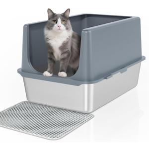 LIHONG Stainless Steel Cat Litter Box, XL Metal with Lid, Cat Litter Pan for Large Cats, Non-Sticky Large Kitty Litter Box, Anti-Leakage, 23.5" X 15.5" X 14" XXL