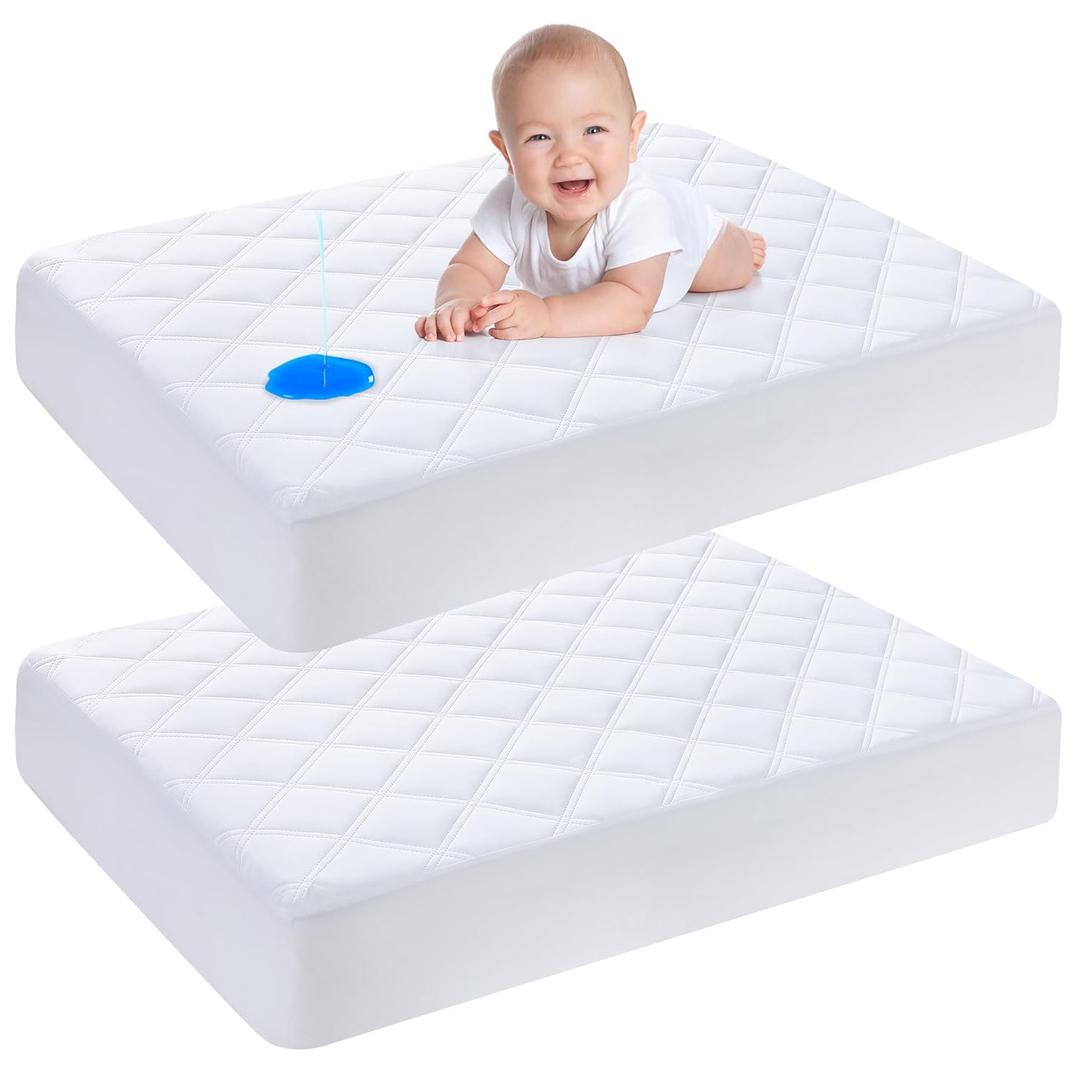 Yoofoss Waterproof Mini Crib Mattress Protector 2 Pack, Quilted Mattress Pad Cover Soft and Breathable, Machine Washable Portable Mattress Protector for Standard Baby Crib Size 38"X24" (White)