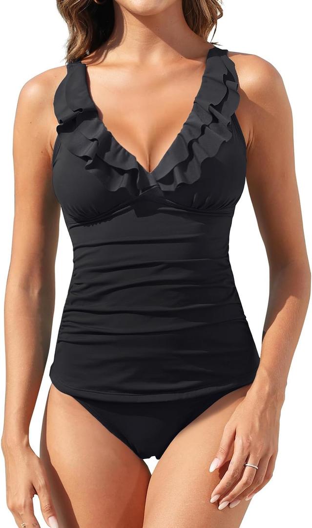 Womens Two Piece Swimsuits - Ruffle Flounce Tankini Tummy Control Bathing Suits V Neck Swimwear (Medium, Black 01)