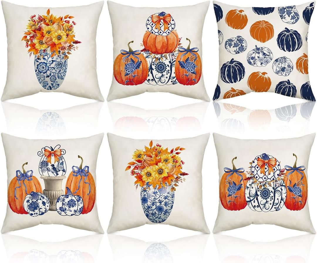Set of 6 Fall Pumpkin Pillow Covers 18x18 Chinoiserie Pumpkin Pillow Cases Blue and Orange Grandmillennial Autumn Decorations for Couch Sofa Bed Harvest Thanksgiving Outdoor