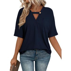 EVALESS Womens Summer Tops V Neck Short Sleeve Solid Loose Dressy Casual Basic T Shirts Tee Blouses (Small)