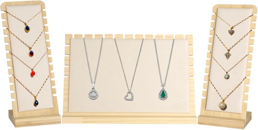 3 PCS Jewelry Display Racks for Vendors, Wooden Necklace Display Stands, Natural Bamboo Jewelry Organizer Set for Desktop, Large and Small Necklace Display Boards, Ideal for Stores and Booths