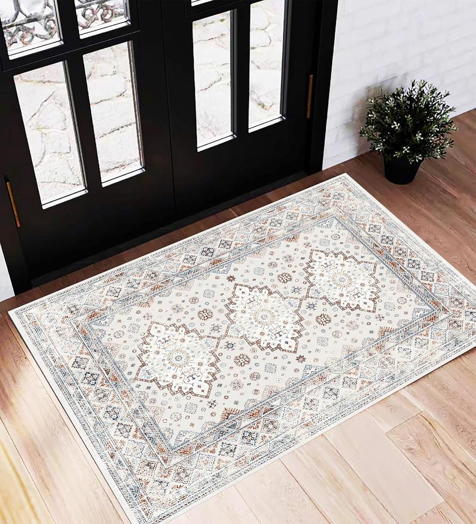 Area Rug 2x3 Washable Rug Door Mat Vintage Distressed Doormat Indoor Entrance Traditional Thin Floral Print Non Slip Carpet for Kitchen Bathroom Bedroom Living Room (Blue and Gray)