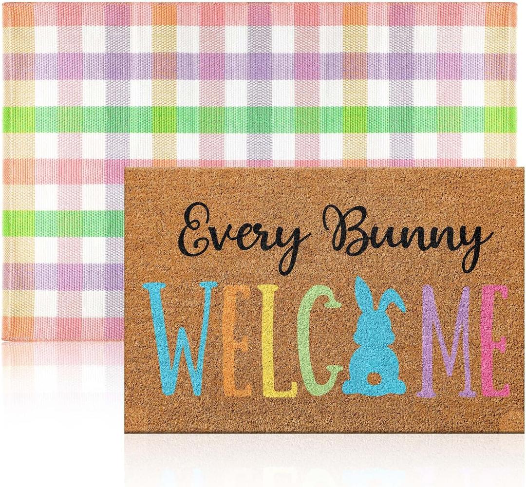 Duraaamo 2 Pcs Easter Coir Doormat Outdoor Rug Bunny Rabbits Welcome Door Mat Layered Buffalo Plaid Colorful Checkered Rug Coir Easter Mat for Outdoor Front Porch Entryway Decor