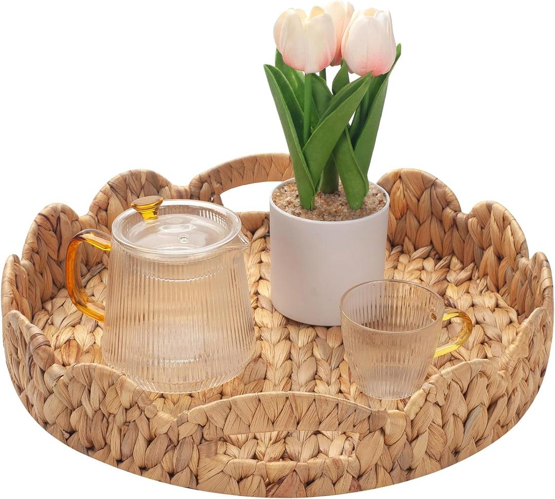 Yangqihome Round Scalloped Serving Tray, 14 inch Decorative Water Hyacinth Scalloped Basket with Built-in Handles, Round Ottoman Trays for Coffee Table for Kitchen and Living Room