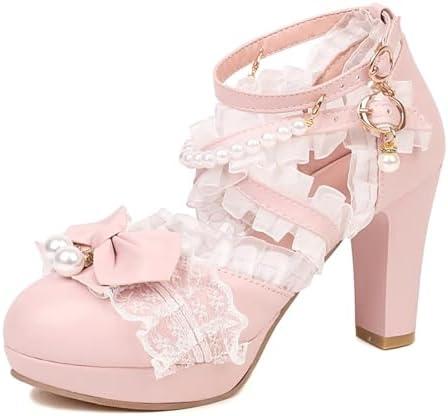 Kawii Shoes Bow Pearl Heels Lolita Platform Heels for Women Lace Cute Mary Janes Pumps Size 43