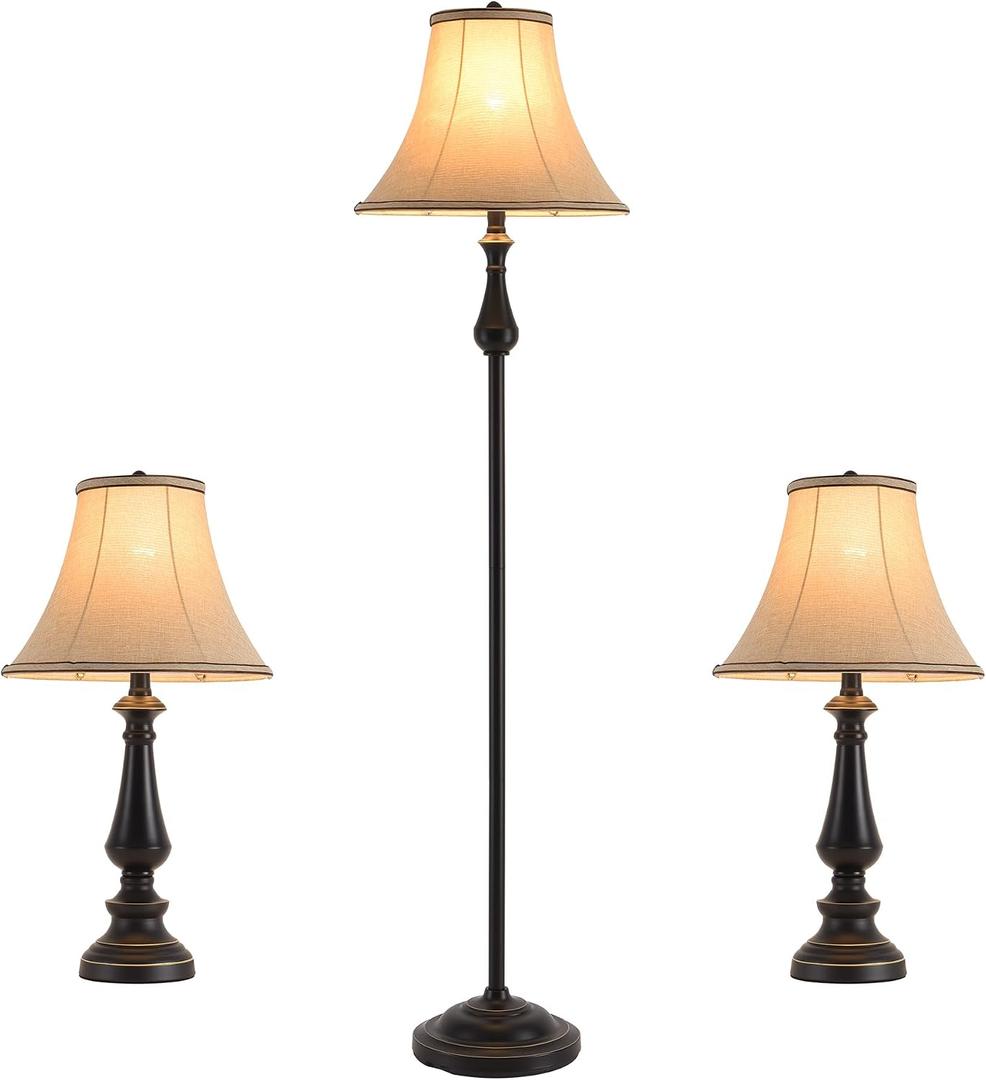 Vintage 3-Piece Table and Floor Lamp Sets with Brown Fabric Shades