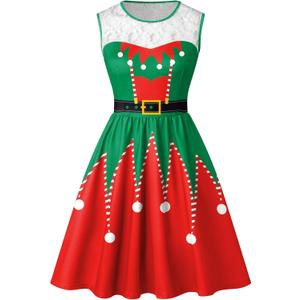 Spadehill Christmas Women's Lace Sleeveless Party Vintage Swing Dress Green Elf L