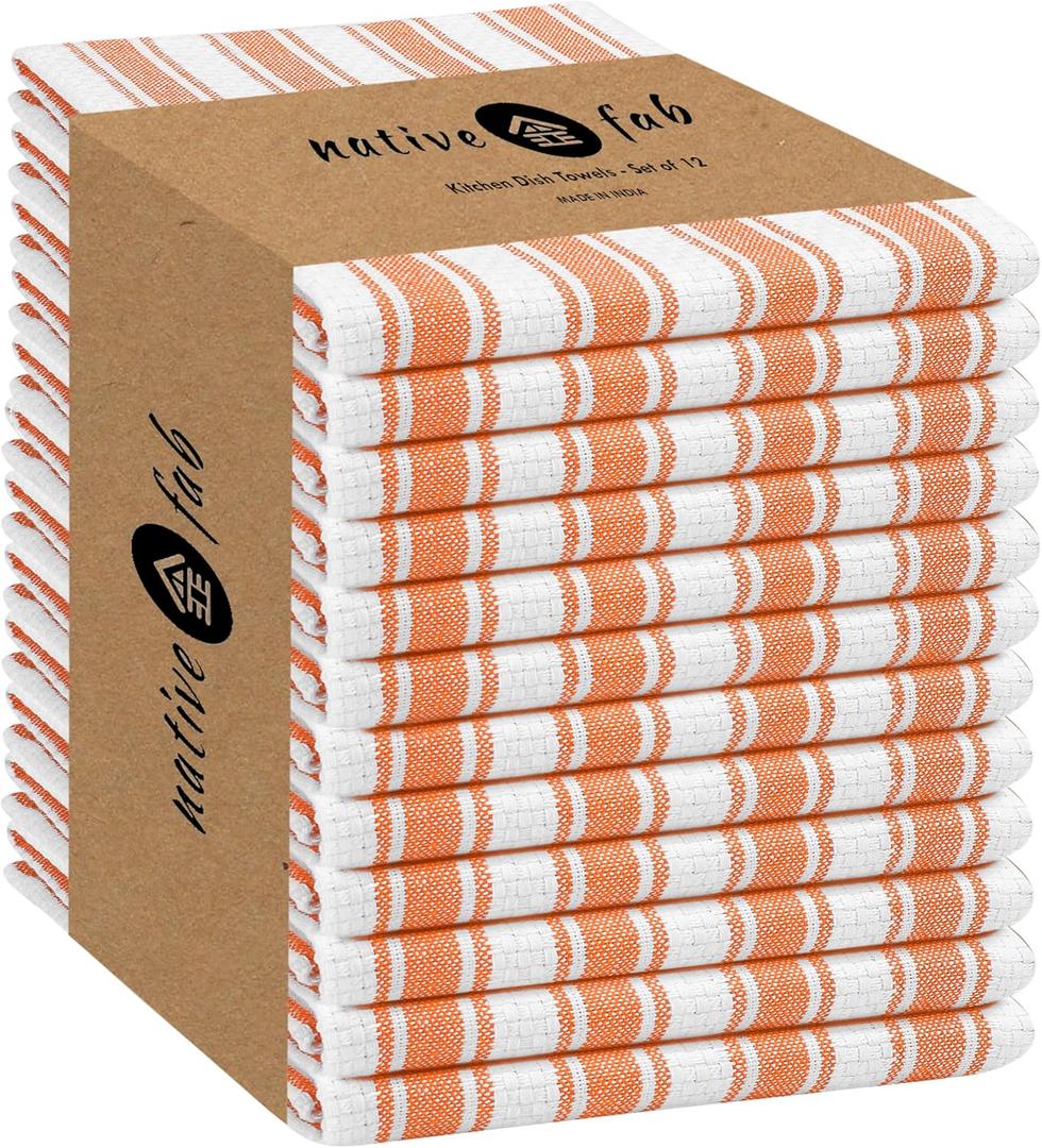 Native Fab Orange Kitchen Towels - 12 Pack - 16x26 inches - Basket Weave Stripe Towels with Hanging Loop, Absorbent Cotton Towel for Cleaning, Drying Dishes, Washable Dish Cloths Set- Orange