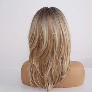  Ombre Brown Blonde Wigs for Women Ash Blonde Wig with Curtain Bangs Shoulder Length Natural Synthetic Wig for Daily Use