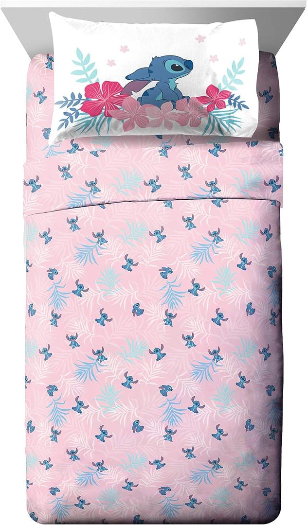 Jay Franco Kids Sheet Set with Fitted, Flat Sheets & Pillow Cover - Ultra-Soft Bedding with Pillowcase for Room Decor, Pink - Lilo & Stitch, 3 Piece Twin