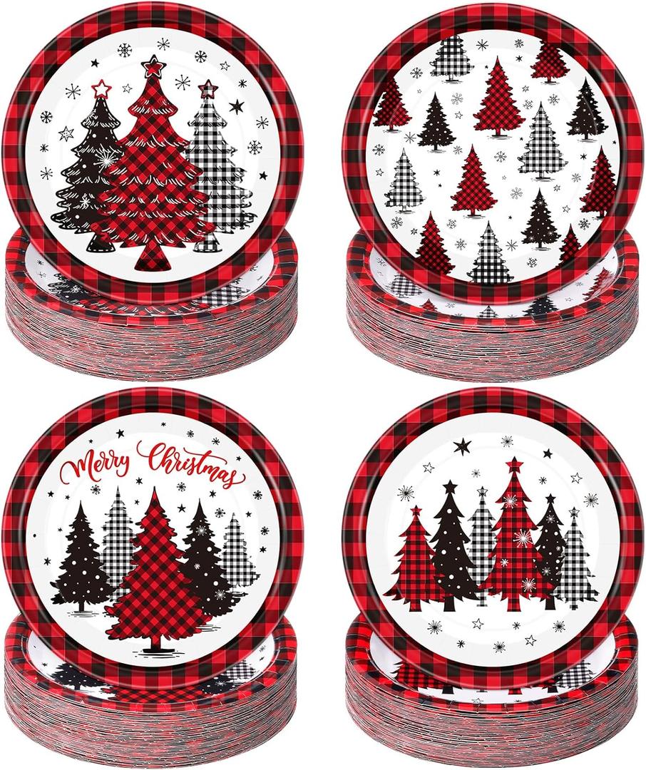 Funnymoom 60 Pcs Red Christmas Paper Plates 9 Inch Xmas Buffalo Plaid Tree Snowflake Disposable Plates Merry Christmas Tree Themed Tableware for Holiday Xmas Winter Party Decorations Supplies