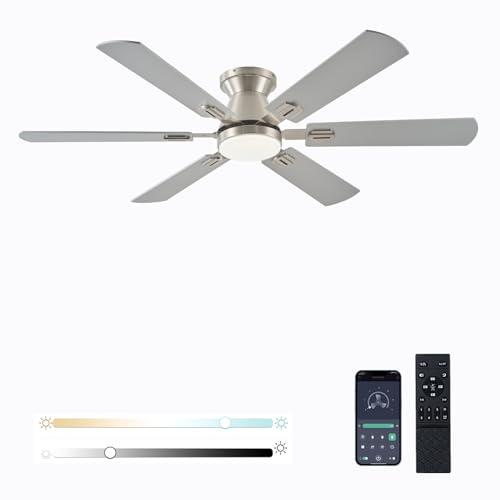 KNUN 56" RGB Nickel Ceiling Fans with Lights - App & Remote Control, Quiet Reversible DC Motor, Flush Mount Double-sided Blades, 3CCT Dimmable, Smart Low Profile Ceiling Fan for Bedroom Kids Room