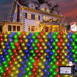 Hezbjiti Christmas Net Lights, 280 LED Mesh Lights 9.8FT x 6.6FT 8 Modes Waterproof Outdoor Christmas Decoration Lights Clear Wire for Xmas Bushes, Trees, Lawn, Yard, Garden Party (Multicolor)