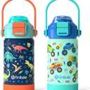 Fimibuke Kids Insulated Water Bottle with Pop-Open Straw & Spout 2-in-1 Lid, 14oz Leak Proof 18/8 Stainless Steel Vacuum Tumbler, BPA-Free Kids Cup For Travel School Girls Boys Toddler 2 Packs (A4.Dinosaur+Monster Car)