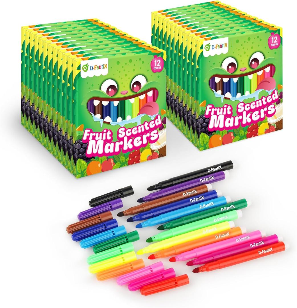 D-FantiX 24 Packs Fruit Scented Washable Markers Bulk, 288 Count Coloring Markers for Kids Party Favors, Preschool Classroom Must Haves and Rewards, Back to School Supplies for Girls Boys