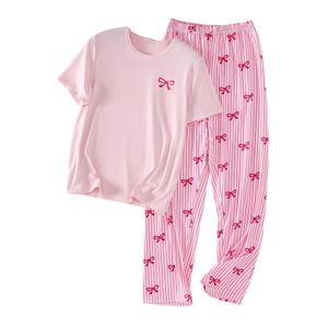 RoseSeek Women's 2 Piece PajamaSet Bow Graphic T Shirts and Striped Wide Leg Pants Pj Ser Soft Sleepwear Multicolor Medium