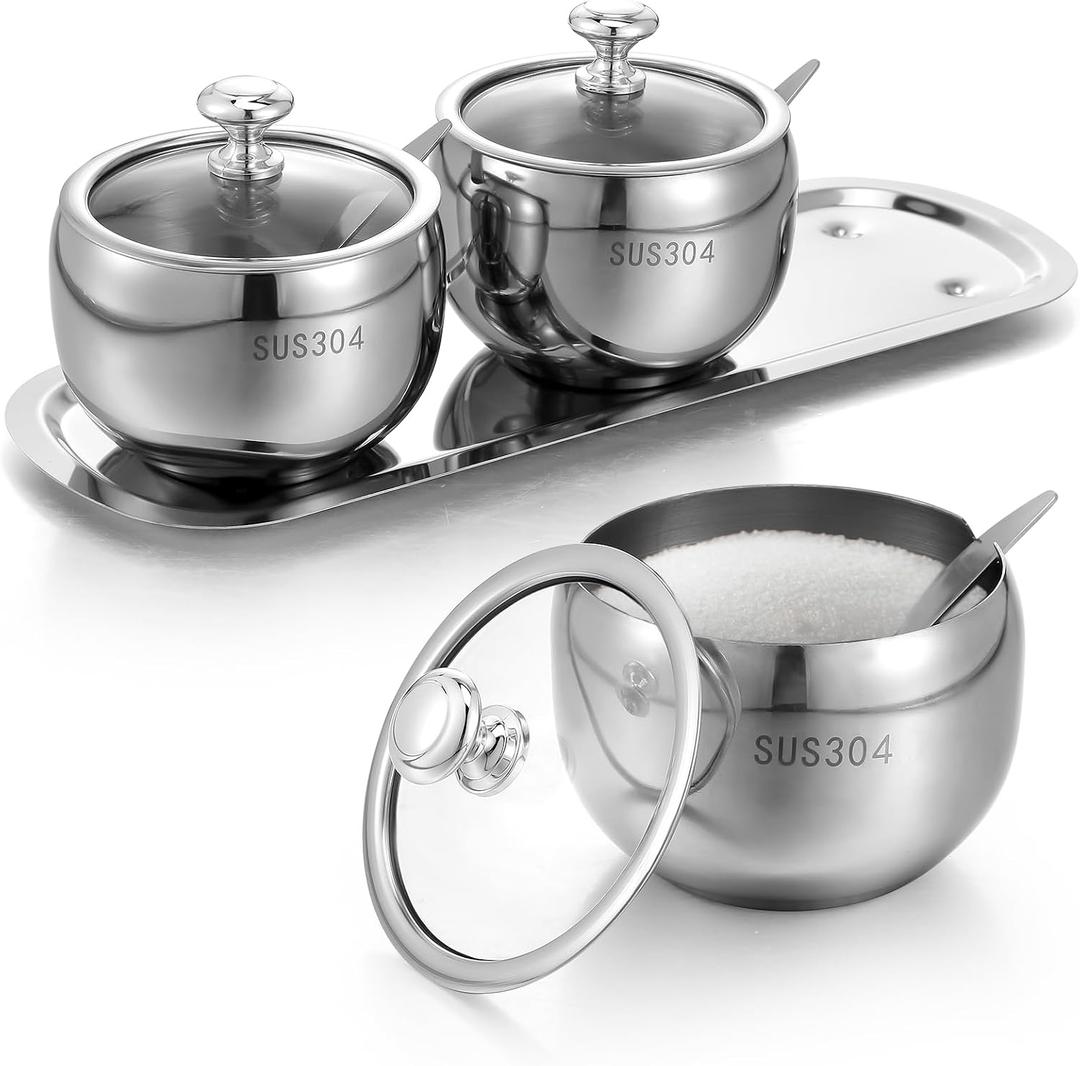 3 Grids 304 Stainless Steel Seasoning Containers Set with Lid Spoon and Tray, Condiment Jar Spice Container, Condiment Canisters Pots for Serving Sugar, Pepper, Salt, Spice