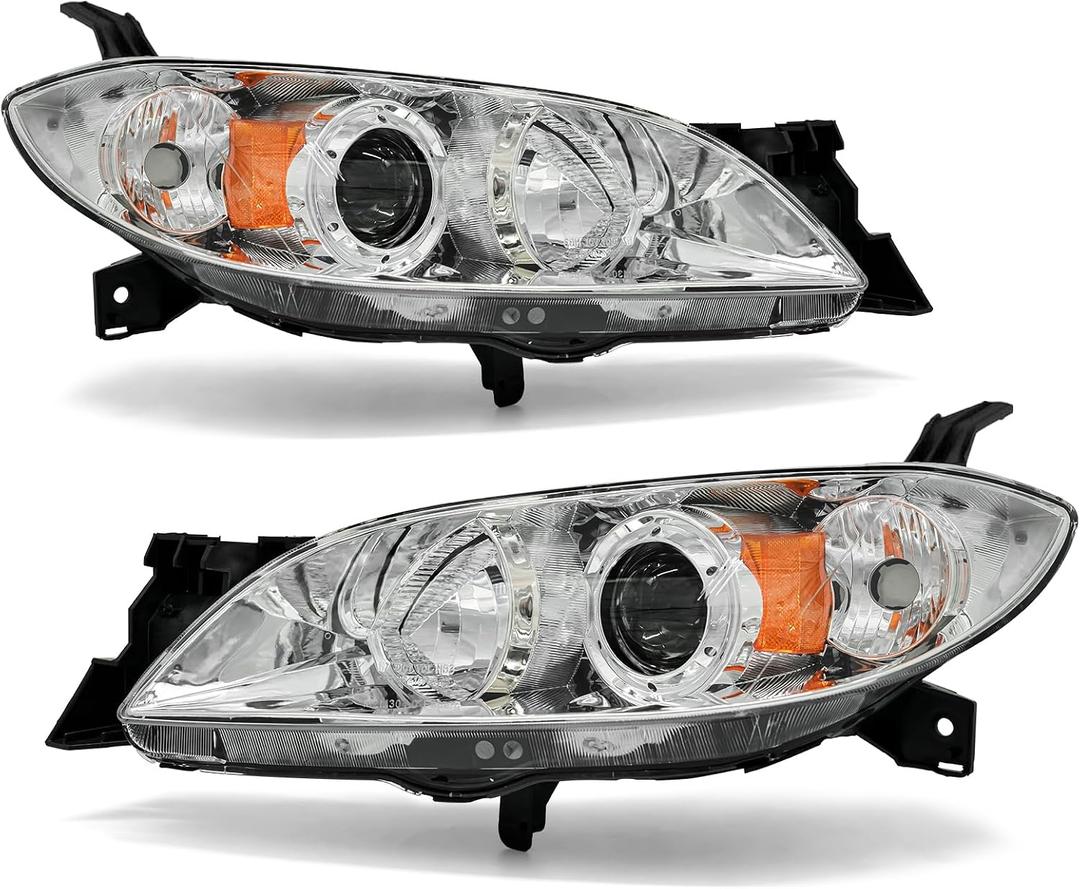 Headlight Assembly Pair for 2004-2009 Mazda 3 4DR Sedan Projector Chrome Housing Amber Reflector Left Right W/O Bulbs (Not Fit HID/Hatchback)