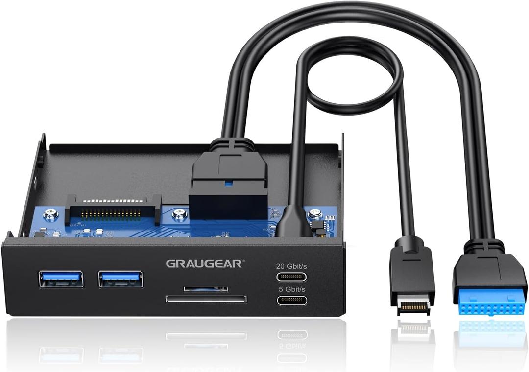 GRAUGEAR 3.5 Inch Front Panel USB C Hub, SD/microSD Internal Card Reader, 20Gbps USB 3.2 Gen 2x2, USB3.2 Type-E Key-A 20-Pin Header & USB3.0 Header & 15-Pin SATA Power Connector Required [G-MP01CR]
