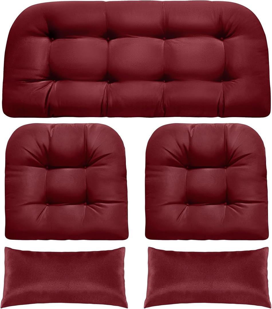 MAGIC ELEPHANT Wicker Chair Cushions, Indoor Outdoor Memory Foam Wicker Furniture Cushions Set of 5, 1 Loveseat and 2 U-Shape and 2 Long Waterproof Cushions for Patio Furniture Bench (Red)