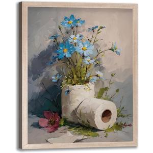 Framed Bathroom Wall Art Decorative Print of Blue Flowers on Toilet Paper Gallery Style Floral Poster for Bathroom Bedroom or Laundry Room 16x24 Inches Ready to Hang