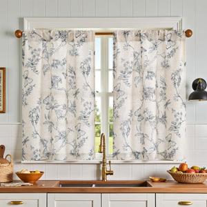 jinchan Floral Kitchen Curtains for Windows 24 Inch Farmhouse Country Linen Tier Curtains Botanic Small Window Drapes for Living Room Bathroom Laundry RV Rod Pocket Rustic 2 Panels Blue on Beige