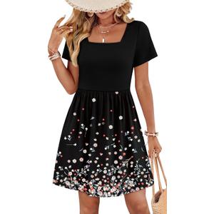 OFEEFAN Womens Summer Dresses 2025 Short Sleeve Square Neck Casual Sundresses with Pockets A-Line Color Block XXL
