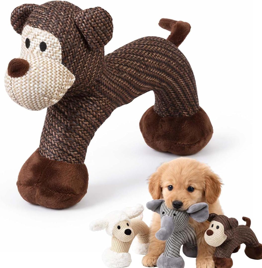 Linen Safari Companions, Squeaky Dog Chew Animals, Strudy Linen Fabric, Relieve Boredom and Anxiety in Dogs (Monkey)