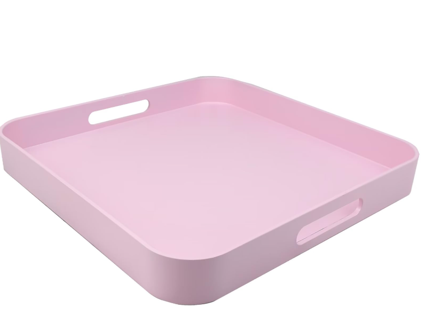 Square Pink Decorative Serving Tray with Handles, Versatile Ottoman Tray for Coffee Table, Entertaining, Outdoor Patio, Living Room, 13”*13”*1.6”