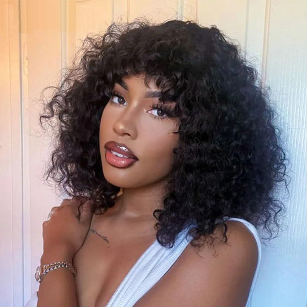 Short Bob Wig with Bangs for Black Women Short Kinky Curly Virgin Human Hair Wig 150% Density Short Afro Curly Bob Wigs with Bangs None Lace Front Wig Natural Black Wigs with Bangs 12 inch