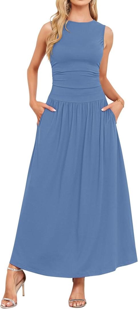 AUSELILY Womens Maxi Dress 2025 Summer Sleeveless Casual Slim Flowy Pleated Long Dresses with Pockets (Blue, L)