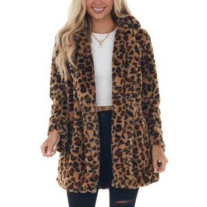 Omoone Women's Faux Fur Jackets Autumn Winter Leopard Coats Loose Fur Coat with Pockets (Large, Brown)