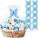 PigPotParty 10 Pack 30x40 Inch Extra Large Cellophane Bags for Gift Baskets with 10 Blue Pull Bows, Thick Clear Plastic Basket Wrap for Mother's Day, Boy's Baby Shower, Wedding and Birthday