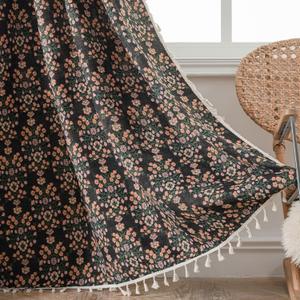 ENJOYBRIDAL Floral Curtains 84 Inch Length 2 Panels Boho Jacquard Drapes Black Cottage core Living Room Semi Sheer Window Curtain Panels Farmhouse Bedroom Chic Decor Rod Pocket Tassel Window Treatments