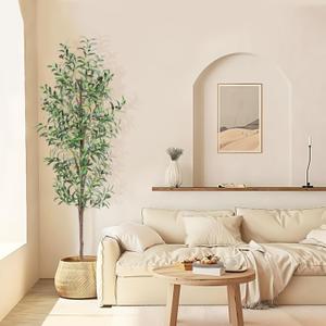 Artificial Olive Tree, 6FT Tall Faux Olive Trees 72in Outdoor Fake Potted Silk Plant with Trunk and Realistic 648 Leaves and 24 Fruits for Modern Office Home Decor Indoor1pack