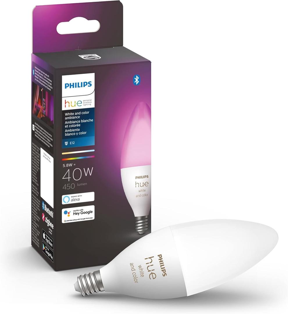 Philips Hue Smart 40W B39 Candle-Shaped LED Bulb - White and Color Ambiance Color-Changing Light - 1 Pack - 450LM - E12 - Control with Hue App - Works with Alexa, Google Assistant and Apple Homekit Philips Hue Smart 40W B39 Candle-Shaped LED Bulb - White and Color Ambiance Color-Changing Light - 1 Pack - 450LM - E12 - Control with Hue App - Works with Alexa, Google Assistant and Apple Homekit