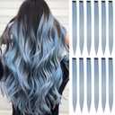 12pcs Clip in Light Blue Hair Extensions Mix Tinsels - 22 Inch Colored, 2 in 1 Rainbow With Silver Tinsels - Colorful Holiday Party Highlights for Women