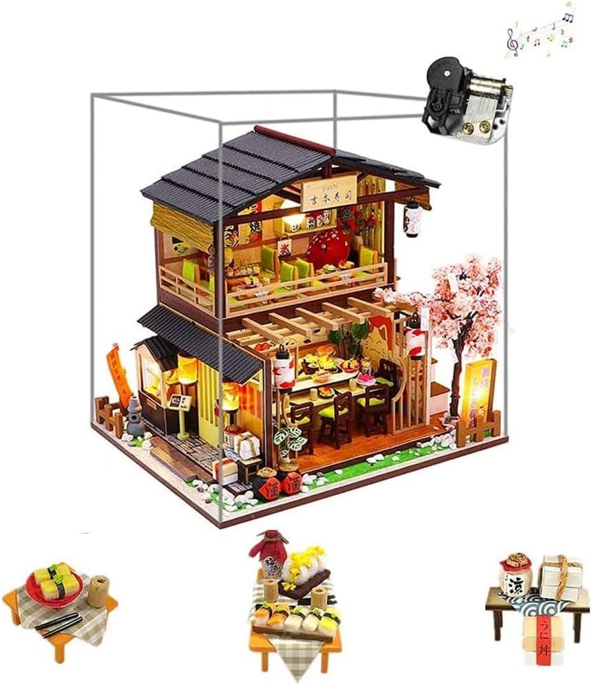 DIY Dollhouse Miniature Kit with Dust Proof and Music Box Japanese Sushi Shop Dolls House Furniture 3D Wooden Hand Craft Creative Puzzle Toy Birthday Gift for Friends
