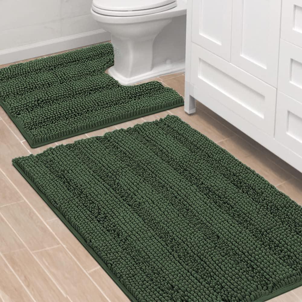 H.VERSAILTEX Bathroom Rugs Bath Rug Set 2 Piece Bathroom Contour Rug Toilet Mat Sets Non Slip Contour Bath Rug Ultra Thick Water Absorbent Striped Bath Mats(36" x 24" Plus 20" x 24" U, Bronze Green)
