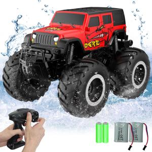 STEMTRON Amphibious Remote Control Car Toys for Boys 2.4 GHz 1:16 All Terrain Off-Road RC Car Waterproof RC Monster Truck Kids Pool Toys Remote Control Boat Gifts for Kids (1:16 Scale, Red Suv)