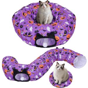 Tidjani Cat Tunnel Bed, Cat Tunnels for Indoor Cats, Foldable Pet Donut Bed with Washable Mat and Dangling Balls, Pumpkins Spider Candy Pattern, Purple Pet Tube Toys Gifts for Kitten, Puppy, Rabbit