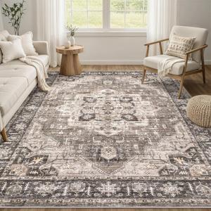 Area Rug 7x9 Washable Vintage - Soft Traditional Rugs for Living Room Large Non Slip Backing with Low Pile Farmhouse Oriental Retro Carpet for Bedroom Dining Room or Home Office - Dark Brown
