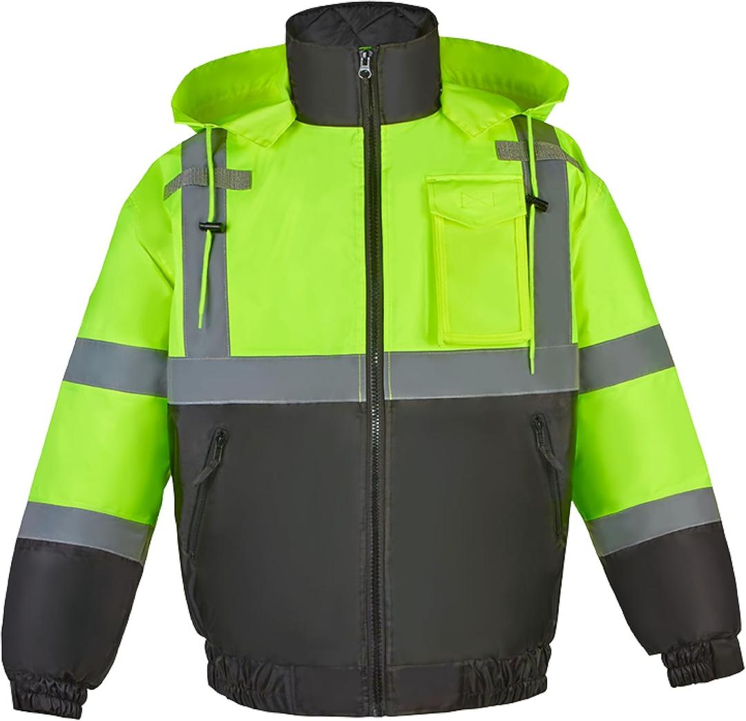 Shine Bright High Visibility Bomber Jacket – Hi Vis Reflective Safety Jacket, Insulated Winter Work Jacket, ANSI Workwear for Construction & Road Crews, Size XL