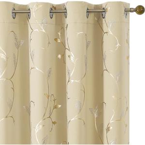 BUHUA Blackout Curtains Gold Foil Print Flower Vine Grommet Drapes, Room Darkening Thermal Insulated Curtains, Noise Reducing Blackout Curtain for Bedroom, Beige, 52Wx84L, 2 Panels (52"W x 84"L (Pack of 2), Gold/Beige)