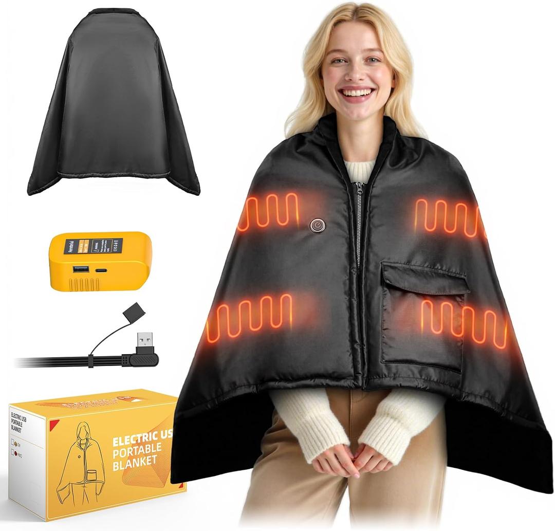 Cordless Heated Blanket  Portable Battery Operated Throw for DeWALT 20V Battery or power Bank,S Rapid Heating,Waterproof,Electric Wearable Heated Shawl for Home,Office,Travel,Camping(NO Battery) (Black and Yellow)