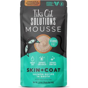 Tiki Cat Solutions Mousse Skin & Coat Mousse, Salmon Recipe, Specially Formulated with Omega Fatty Acids, Functional Wet Cat Food for Adult Cats, 2.4 oz. Pouch (12 Count)