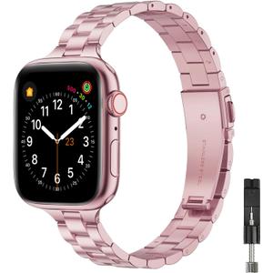 Metal Band Compatible with Apple Watch Bands 40mm 38mm 41mm 44mm 42mm 49mm 45mm for Women, Thin Stainless Steel Replacement Chain Straps for iWatch Ultra SE SE2 Series 9 8 7 6 5 4 3 2 1 (Rose