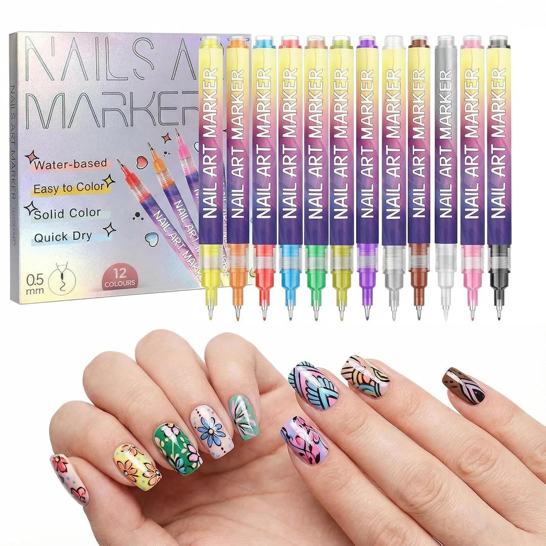12 Color Nail Art Pens, 0.5mm Fine Tip | Nail Polish Markers for DIY Manicure, Quick-Dry Water-Based Design Kit, Vibrant Colors, For Beginners & Pros